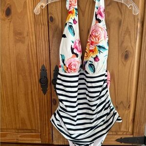 Cupshe Floral & Navy Stripe One-Piece Swimsuit